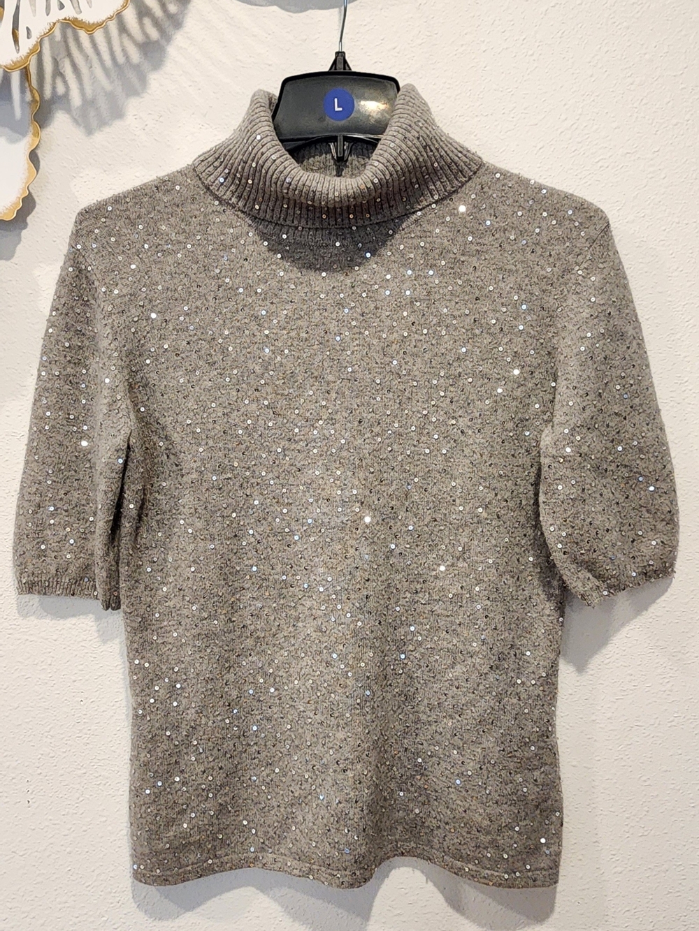 Sparkle Grey Turtleneck Short-Sleeve 100% Cashmere Sweater